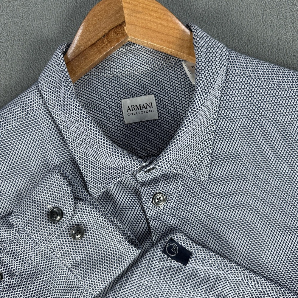 Armani Collezioni Shirt Mens XL Blue Geometric Quiet Luxury Italy Minimalist